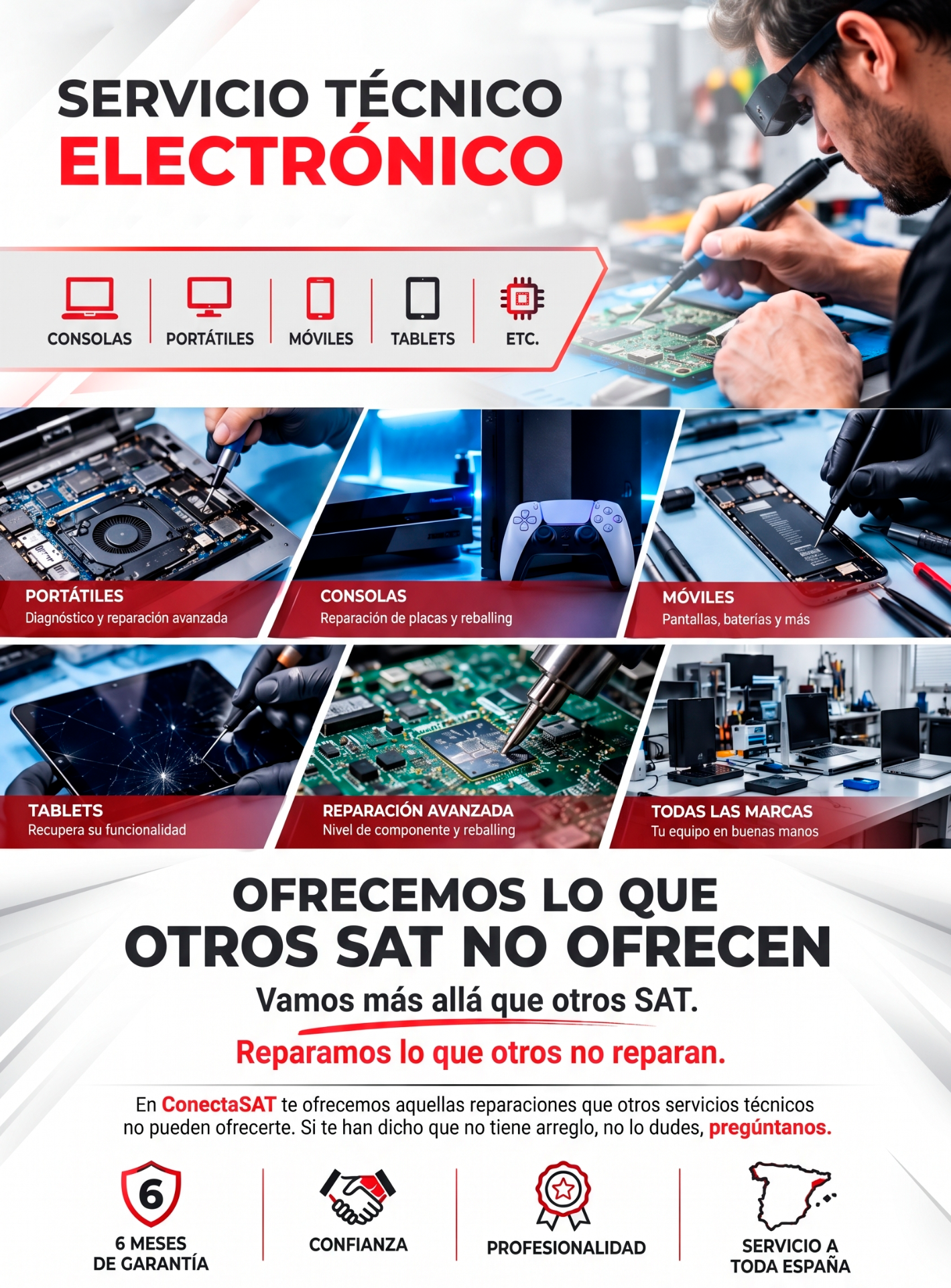 Cartel de servicio técnico electrónico: técnico con herramientas y placas, y secciones para consolas, portátiles y móviles.
