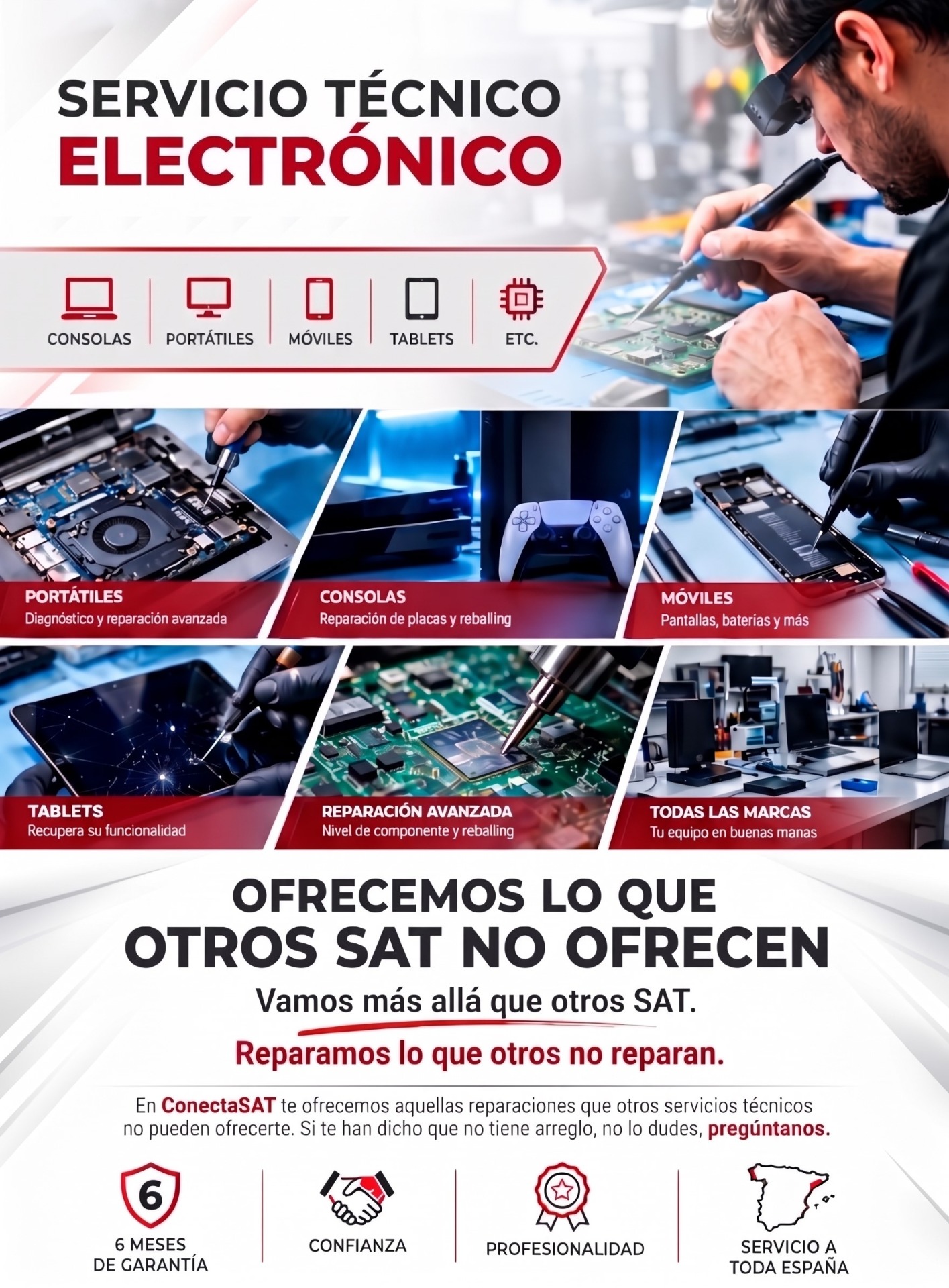 Cartel de servicio técnico electrónico: técnico con herramientas y placas, y secciones para consolas, portátiles y móviles.